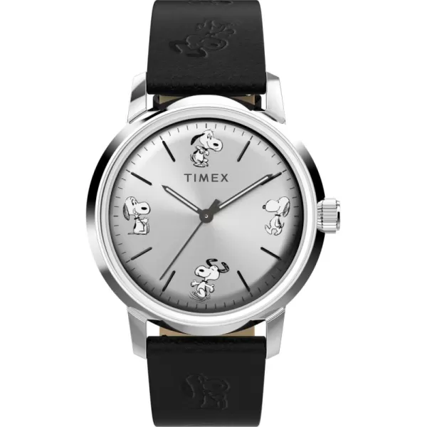 Timex Mens Marlin Automatic Peanuts Sketch 40mm Watch  Black Strap SilverTone Dial Stainless Steel Case