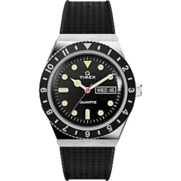 Timex Mens Q 38mm Watch  Black Dial Stainless Steel Case Black Rubber Strap