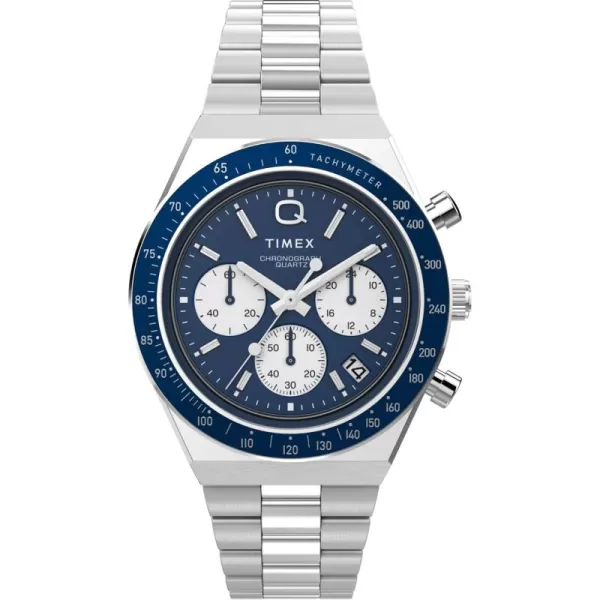 Timex Mens Q Chronograph 40mm Watch  Black Strap Black Dial Stainless Steel CaseStainless SteelBlueStainless Steel