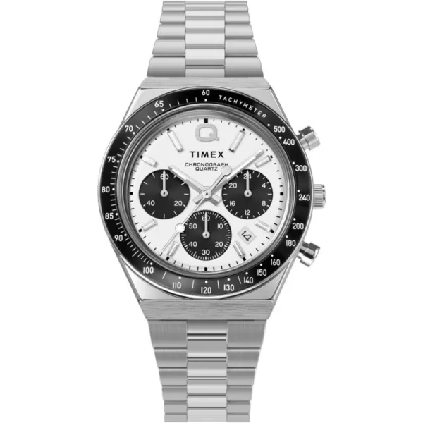 Timex Mens Q Chronograph 40mm Watch  Black Strap Black Dial Stainless Steel CaseStainless SteelWhiteStainless SteelBlack