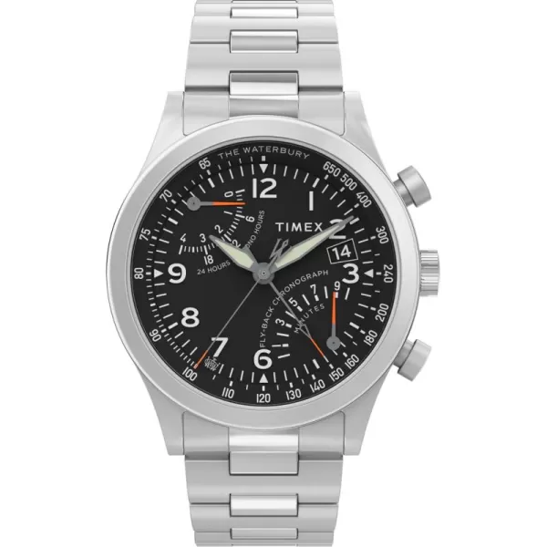 Timex Mens Waterbury Chronograph 42mm Watch  Stainless Steel Bracelet Black Dial Stainless Steel CaseStainless SteelBlackStainless Steel