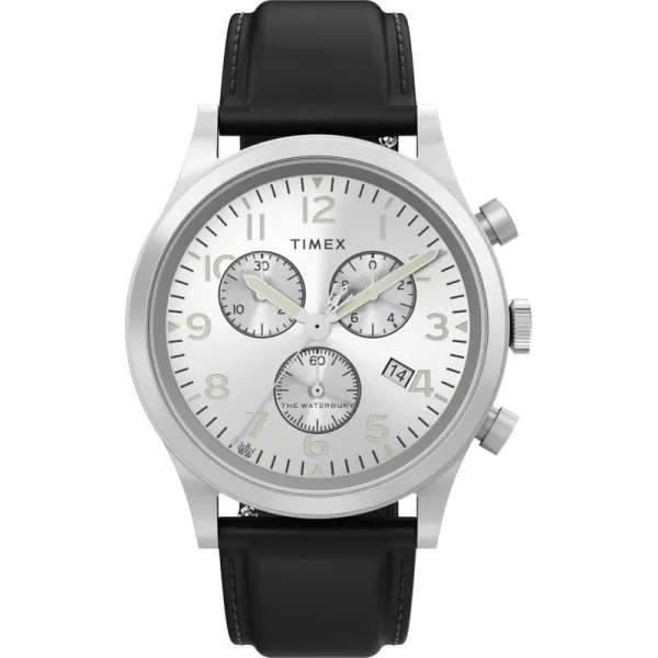 Timex Mens Waterbury Traditional 42mm Watch  Black Strap SilverTone Dial Stainless Steel CaseBlackSilverToneStainless Steel