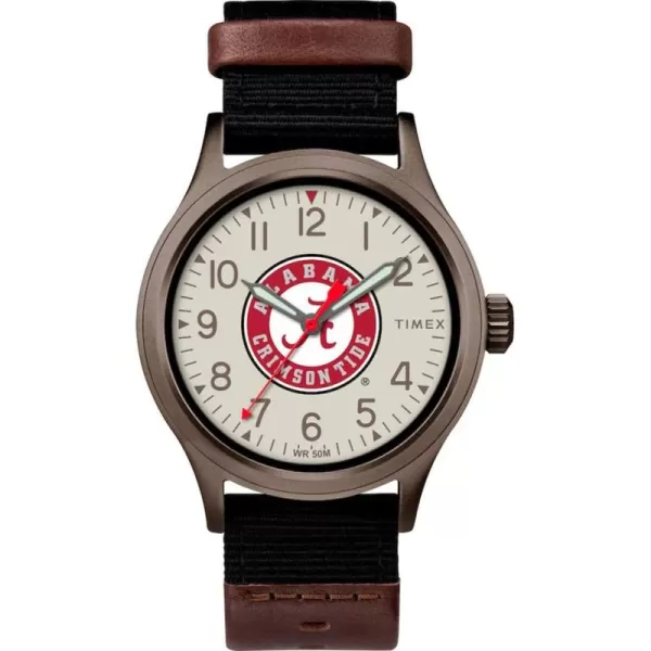 Timex Mens Collegiate Clutch 40mm Watch  Alabama Crimson Tide with Black Fabric ampamp Brown Leather StrapAlabama Crimson Tide