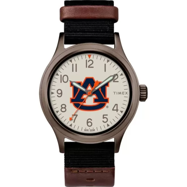 Timex Mens Collegiate Clutch 40mm Watch  Alabama Crimson Tide with Black Fabric ampamp Brown Leather StrapAuburn Tigers