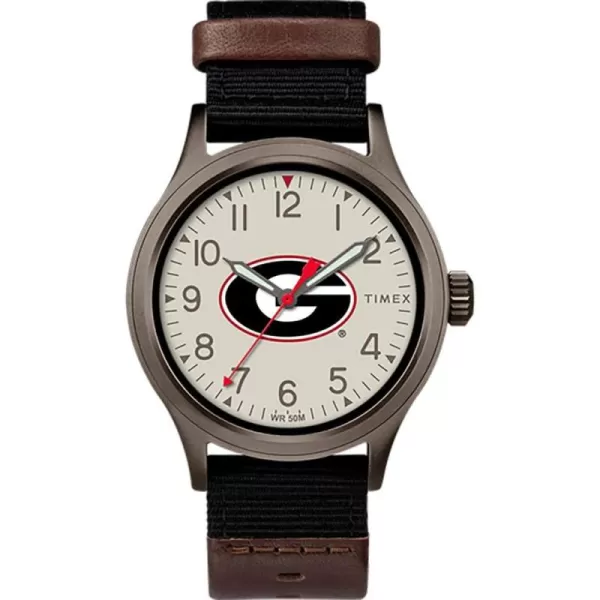 Timex Mens Collegiate Clutch 40mm Watch  Alabama Crimson Tide with Black Fabric ampamp Brown Leather StrapGeorgia Bulldogs