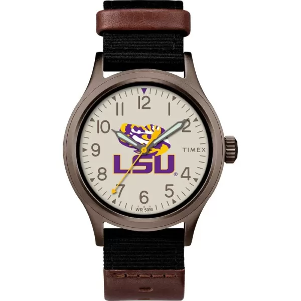 Timex Mens Collegiate Clutch 40mm Watch  Alabama Crimson Tide with Black Fabric ampamp Brown Leather StrapLSU Tigers