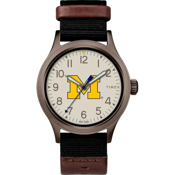 Timex Mens Collegiate Clutch 40mm Watch  Alabama Crimson Tide with Black Fabric ampamp Brown Leather StrapMichigan Wolverines