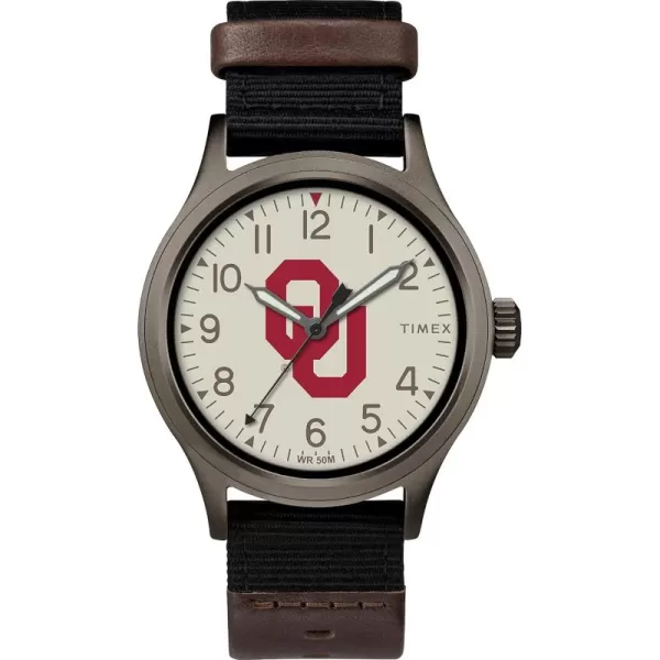 Timex Mens Collegiate Clutch 40mm Watch  Alabama Crimson Tide with Black Fabric ampamp Brown Leather StrapOklahoma Sooners