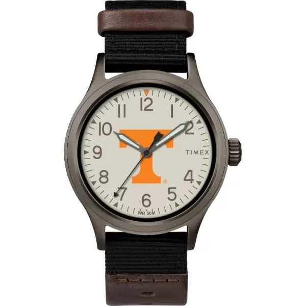 Timex Mens Collegiate Clutch 40mm Watch  Alabama Crimson Tide with Black Fabric ampamp Brown Leather StrapTennessee Volunteers