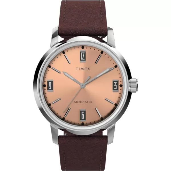 Timex Mens Marlin Automatic 40mm Watch  Brown Strap Pink Dial Stainless Steel Case