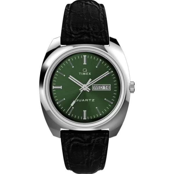 Timex Mens Q 1978 DayDate 37mm Watch  Black Strap Green Dial Stainless Steel Case