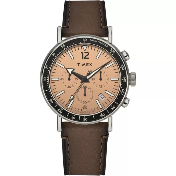 Timex Mens Waterbury Standard 43mm Watch  Brown Strap Rose GoldTone Dial SilverTone CaseBrownRose GoldToneSilverTone