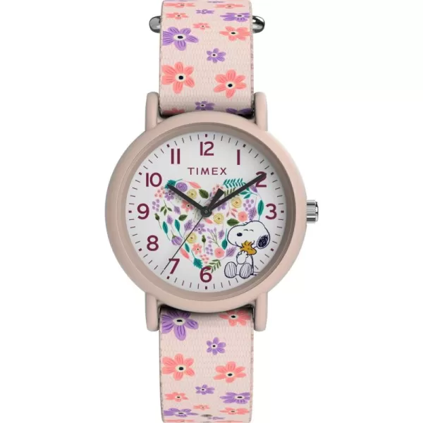 Timex Unisex Peanuts Floral 34mm Watch  Pink Strap White Dial Pink CasePinkWhitePink
