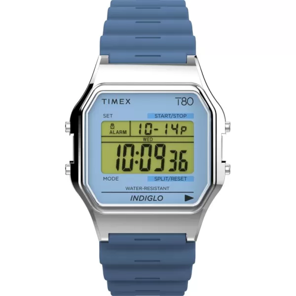 Timex Unisex T80 34mm Watch  Blue Strap Digital Dial SilverTone Case