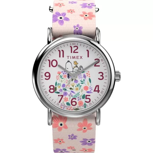 Timex Womens Peanuts Floral 38mm Watch  Pink Strap White Dial SilverTone CasePinkWhiteSilverTone