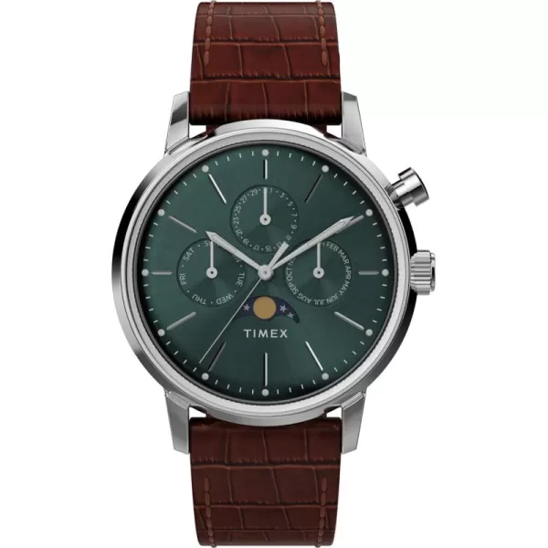 Timex Mens Marlin Moon Phase 40mm Watch  Brown Strap Green Dial Stainless Steel Case