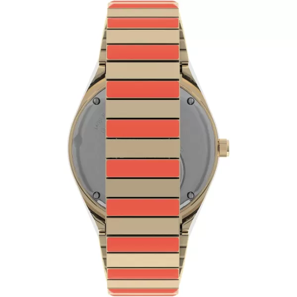 Timex Q Malibu Womens 36mm Watch  GoldTone Case Black Dial with Orange ampamp GoldTone Stainless Steel Expansion BandGoldOrangePinkBlack