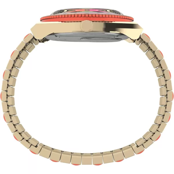 Timex Q Malibu Womens 36mm Watch  GoldTone Case Black Dial with Orange ampamp GoldTone Stainless Steel Expansion BandGoldOrangePinkBlack