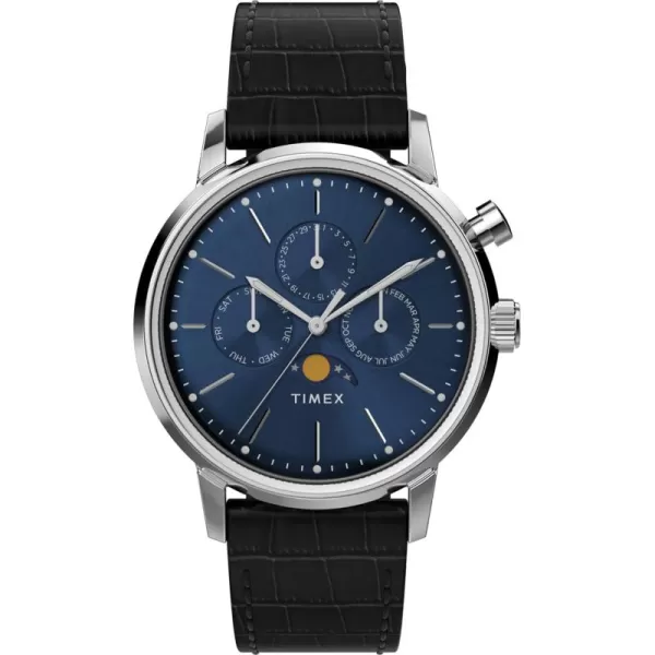 Timex Mens Marlin Moon Phase 40mm Watch  Black Strap Blue Dial Stainless Steel Case
