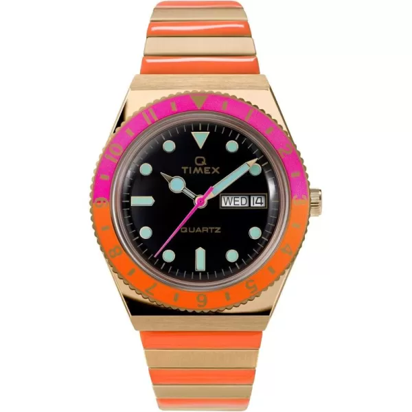 Timex Q Malibu Womens 36mm Watch  GoldTone Case Black Dial with Orange ampamp GoldTone Stainless Steel Expansion BandGoldOrangePinkBlack