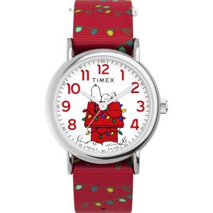 imageTimex x Peanuts Womens Weekender Holiday 38mm Watch  Red Strap White Dial SilverTone Case