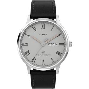 imageTimex Mens Waterbury Classic Chrono 40mm Stainless Steel Quartz Dress Watch with Leather StrapBlackGrayStainless Steel