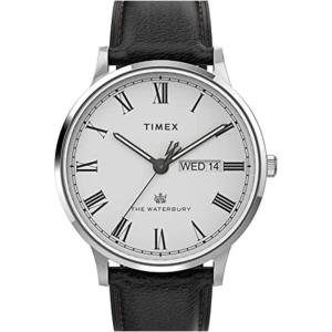 imageTimex Mens Waterbury Classic Chrono 40mm Stainless Steel Quartz Dress Watch with Leather StrapBlackWhiteStainless Steel