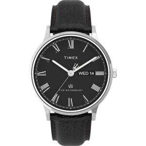 imageTimex Mens Waterbury Classic Chrono 40mm Stainless Steel Quartz Dress Watch with Leather StrapBlackWhiteStainless SteelWhite