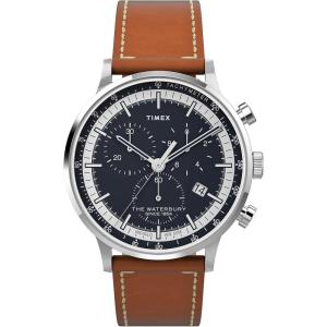 imageTimex Mens Waterbury Classic Chrono 40mm Stainless Steel Quartz Dress Watch with Leather StrapBrownBlueStainless Steel