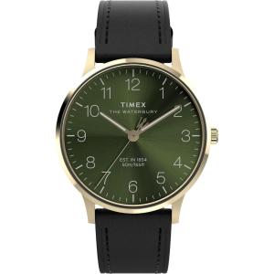 imageTimex Mens Waterbury Classic Chrono 40mm Stainless Steel Quartz Dress Watch with Leather StrapBrownGoldToneGreen