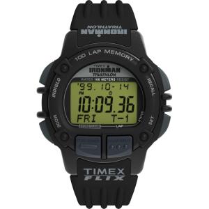 imageTimex Mens Ironman Triathlon Flix 100 Lap 42mm WatchBlackBlackDigital Neg Display