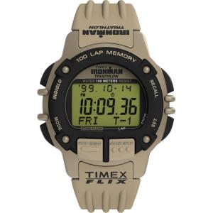 imageTimex Mens Ironman Triathlon Flix 100 Lap 42mm WatchGreenGreenDigital Neg Display