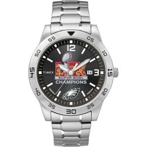 imageTimex Mens Super Bowl LIX Champions  Philadelphia Eagles  Citation 42mm Watch  SilverTone Expansion Band Black Dial SilverTone Case