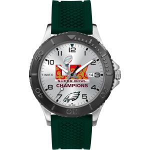 imageTimex Mens Super Bowl LIX Champions  Philadelphia Eagles  Gamer 42mm Watch  Green Strap SilverTone Dial SilverTone Case