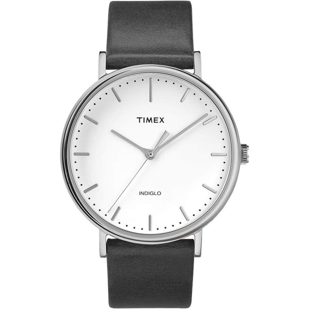 imageTimex Mens Fairfield 41mm Watch  SilverTone ampamp White with Black Genuine Leather Strap