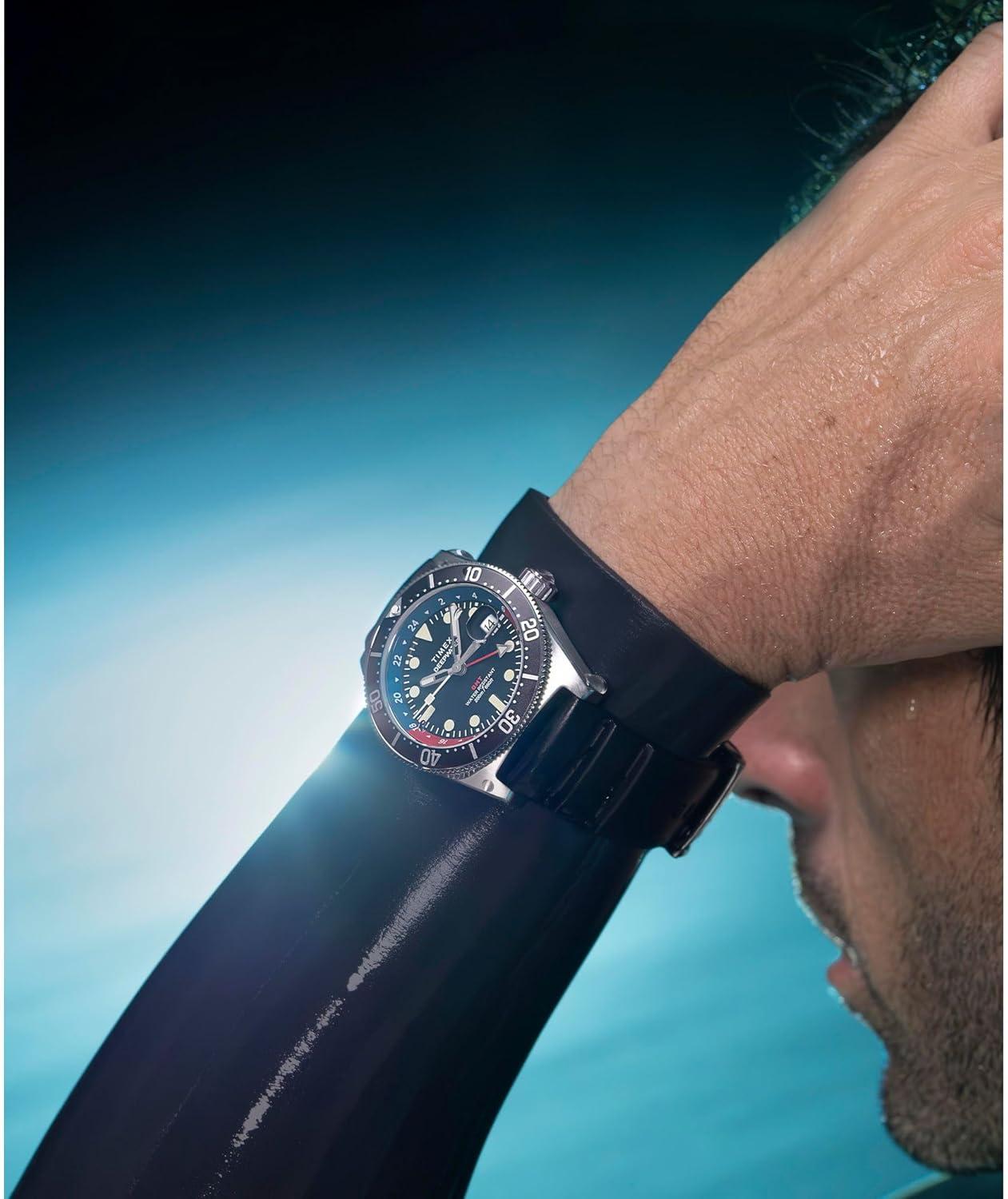 imageTimex Mens Deep Water Reef 41mm WatchBlackStainless SteelBlackRed