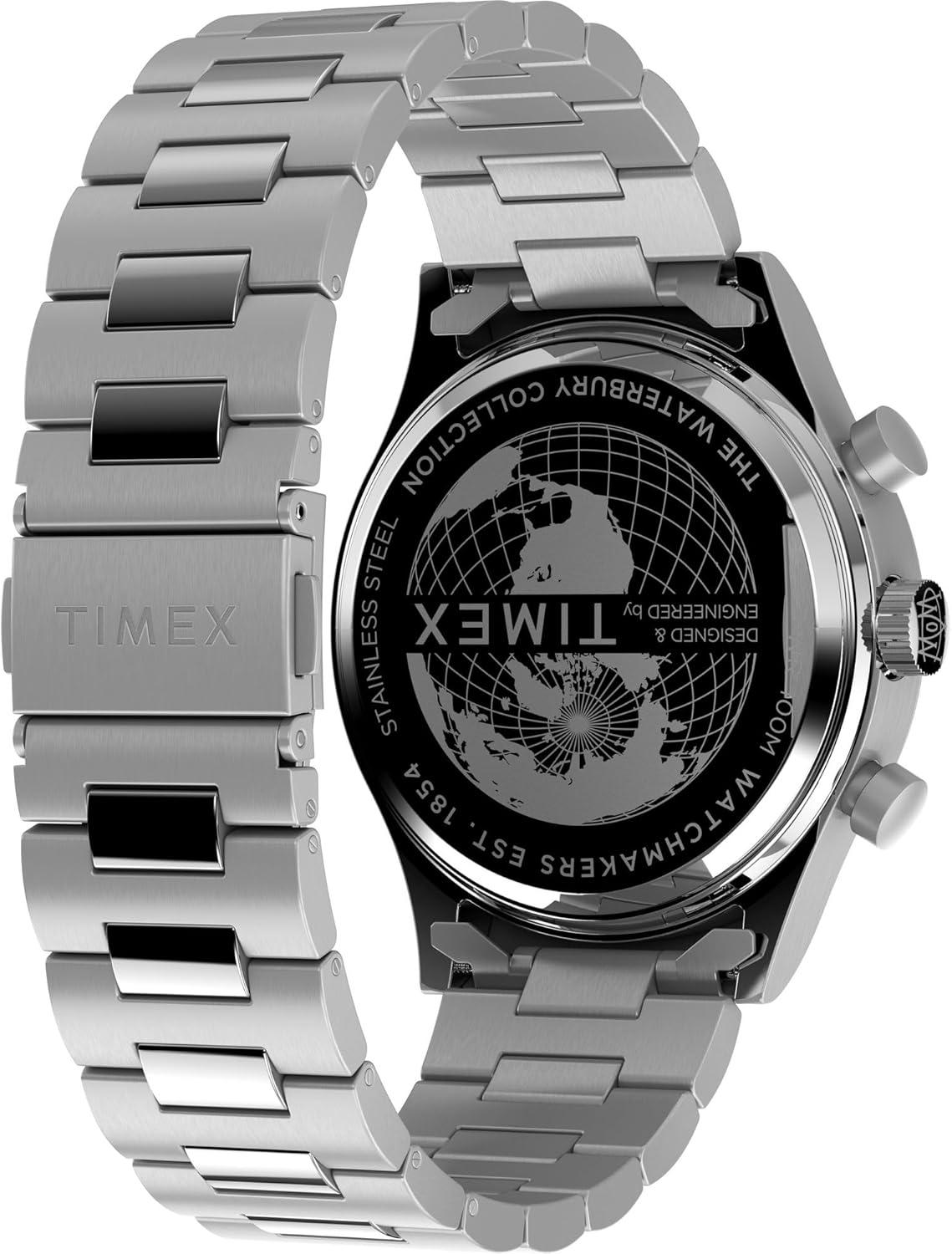 imageTimex Mens Waterbury Chronograph 42mm Watch  Stainless Steel Bracelet Black Dial Stainless Steel CaseStainless Steel