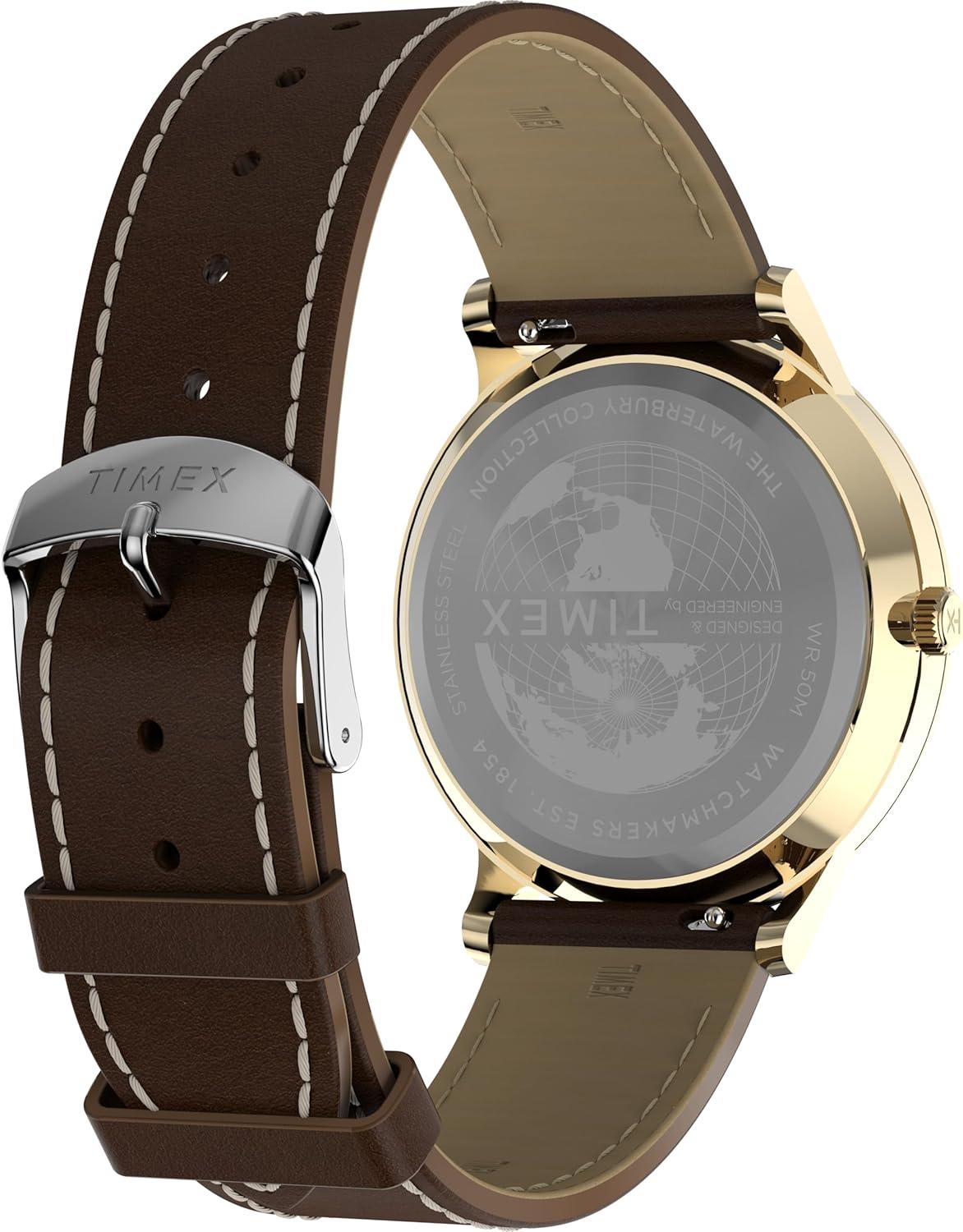 imageTimex Mens Waterbury Classic 40mm Watch  Brown Strap White Dial GoldTone Case