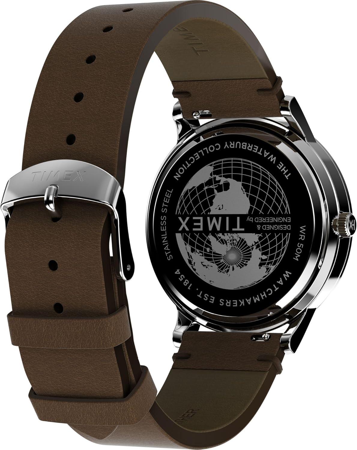 imageTimex Mens Waterbury Classic 40mm Watch  Brown Strap White Dial Stainless Steel Case