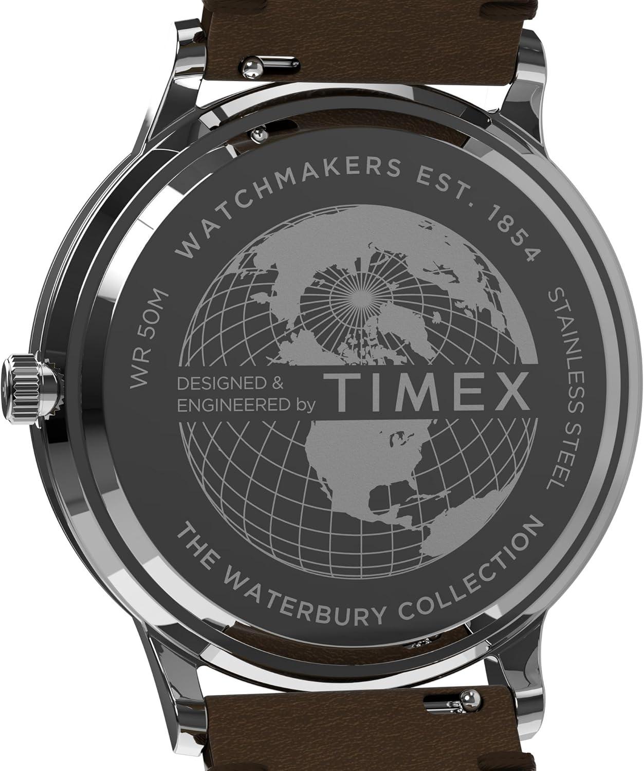 imageTimex Mens Waterbury Classic 40mm Watch  Brown Strap White Dial Stainless Steel Case