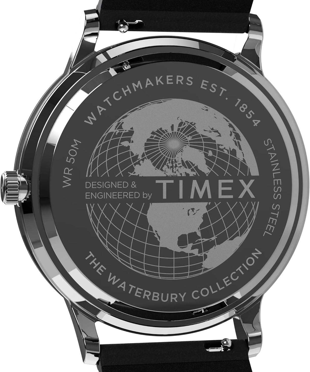 imageTimex Mens Waterbury Classic Chrono 40mm Stainless Steel Quartz Dress Watch with Leather StrapBlack