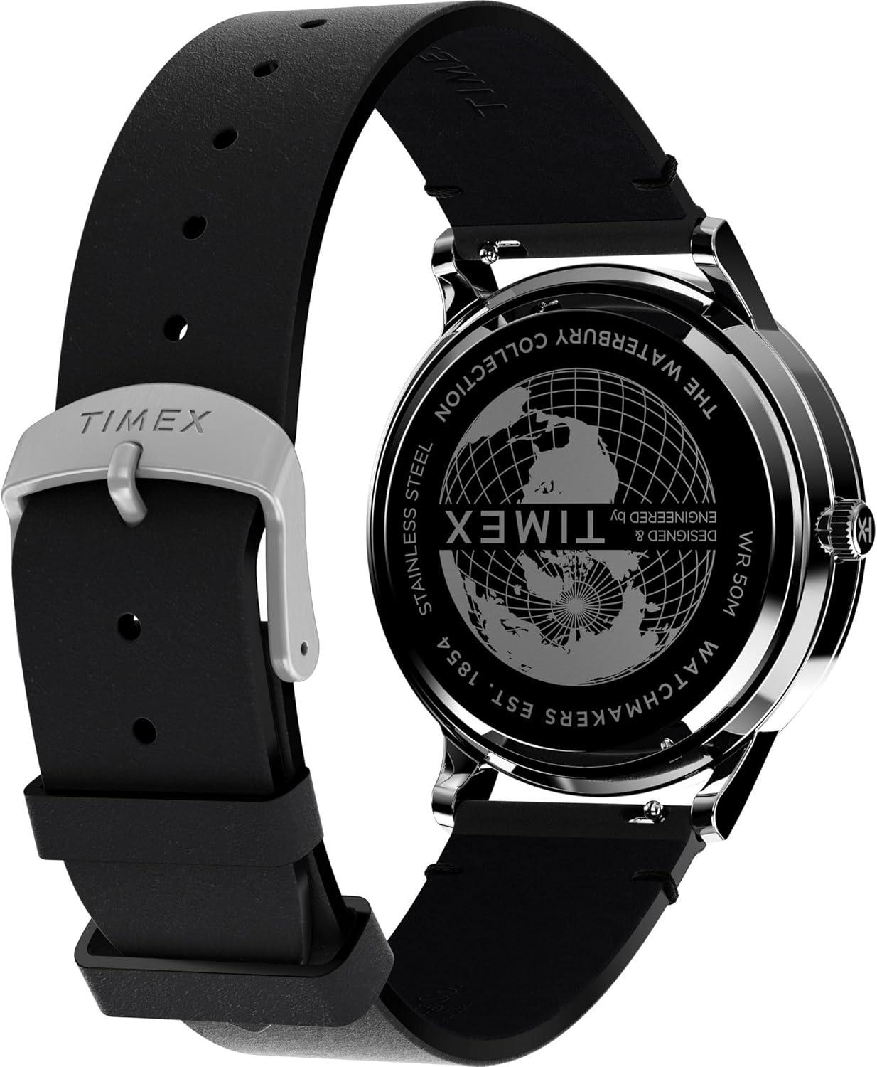 imageTimex Mens Waterbury Classic Chrono 40mm Stainless Steel Quartz Dress Watch with Leather StrapBlack