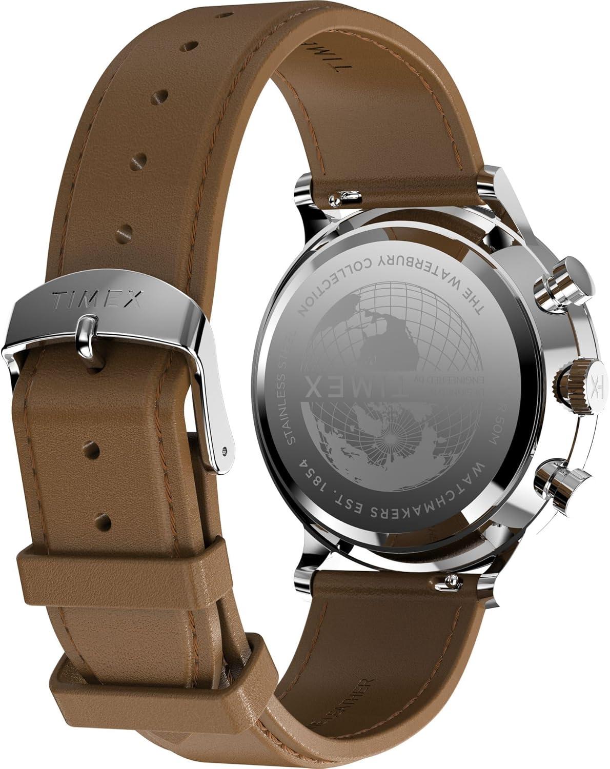 imageTimex Mens Waterbury Classic Chrono 40mm Stainless Steel Quartz Dress Watch with Leather StrapBrown
