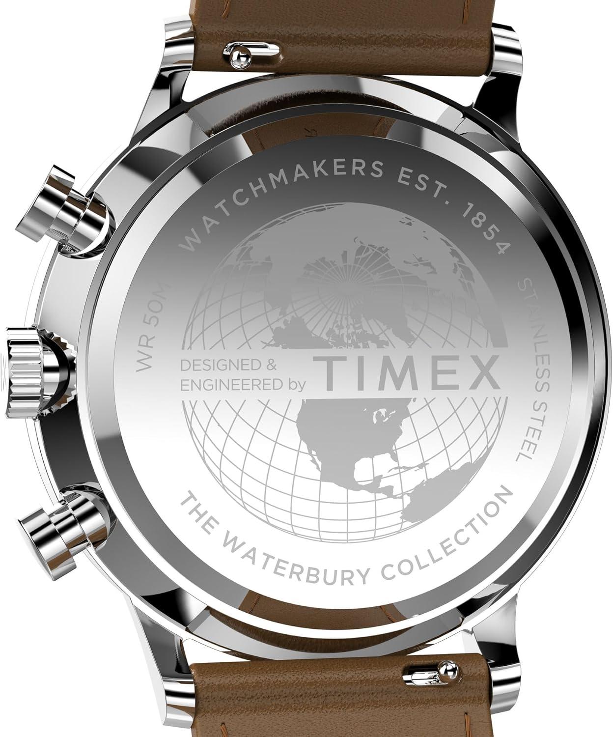 imageTimex Mens Waterbury Classic Chrono 40mm Stainless Steel Quartz Dress Watch with Leather StrapBrown