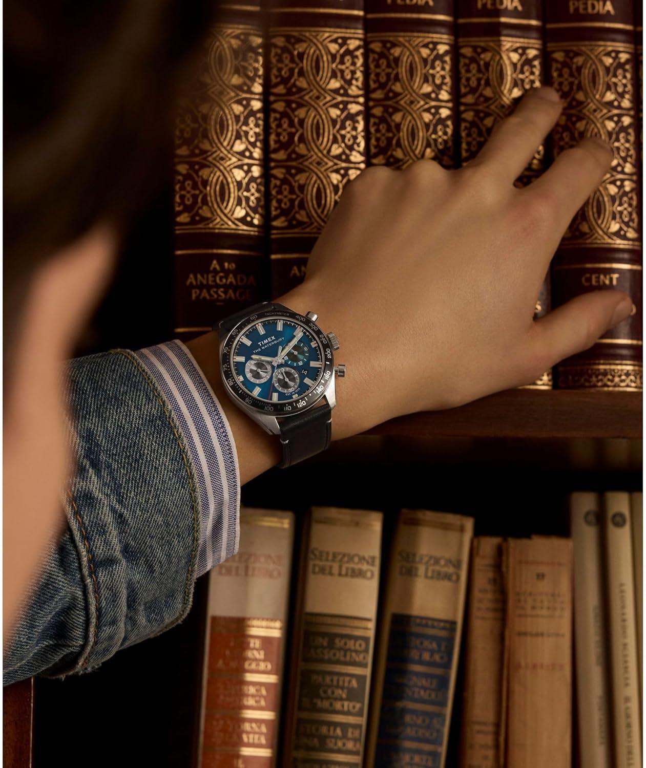 imageTimex Mens Waterbury Traditional 41mm WatchBlackStainless SteelBlue