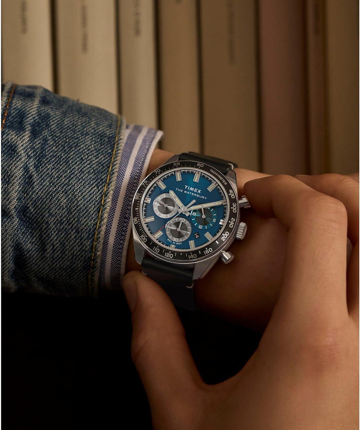 imageTimex Mens Waterbury Traditional 41mm WatchBlackStainless SteelBlue