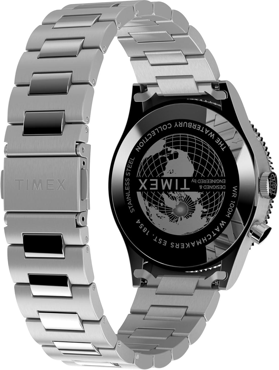 imageTimex Mens Waterbury Traditional GMT 39mm Watch  Stainless Steel Bracelet Black Dial Stainless Steel Case