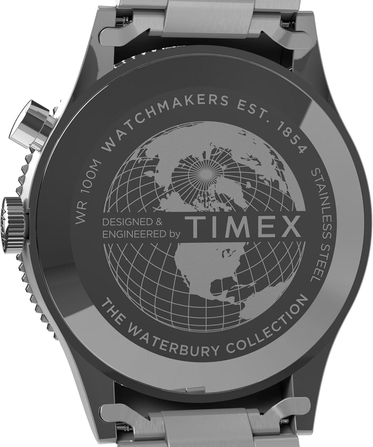 imageTimex Mens Waterbury Traditional GMT 39mm Watch  Stainless Steel Bracelet Black Dial Stainless Steel Case