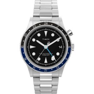 imageTimex Mens Waterbury Traditional GMT 39mm Watch  Stainless Steel Bracelet Black Dial Stainless Steel Case