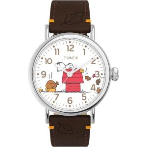 imageTimex Unisex Peanuts Waterbury Standard 40mm Watch  Brown Strap White Dial SilverTone Case